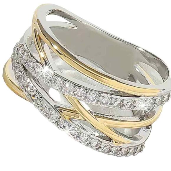14K Two Tone Gold and Silver Ring with Criss Cross Diamond Band - Picture 9 of 9
